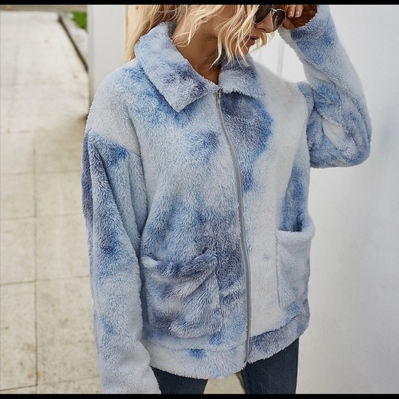 23) New! Teddy Tie Dye Blue Sherpa fleece tie dye zip Up Jacket Coat - Picture 4 of 6